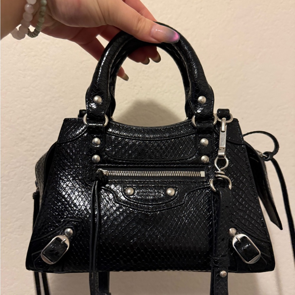 BALENCIAGA
Black Snakeskin Embossed Leather Neo Classic Mini City Bag